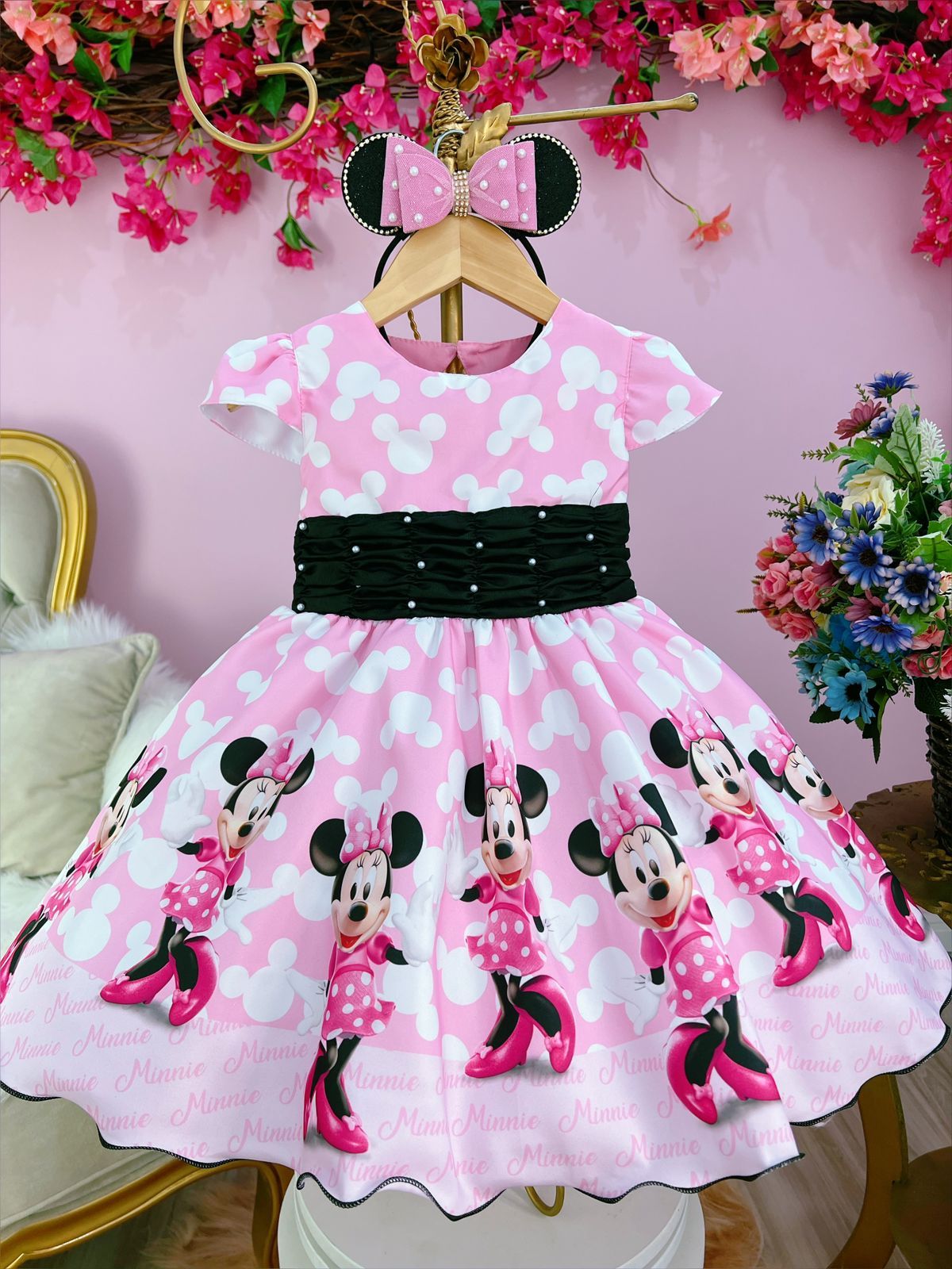 Vestido de fiesta infantil de Minnie Mouse rosa y negro con perlas