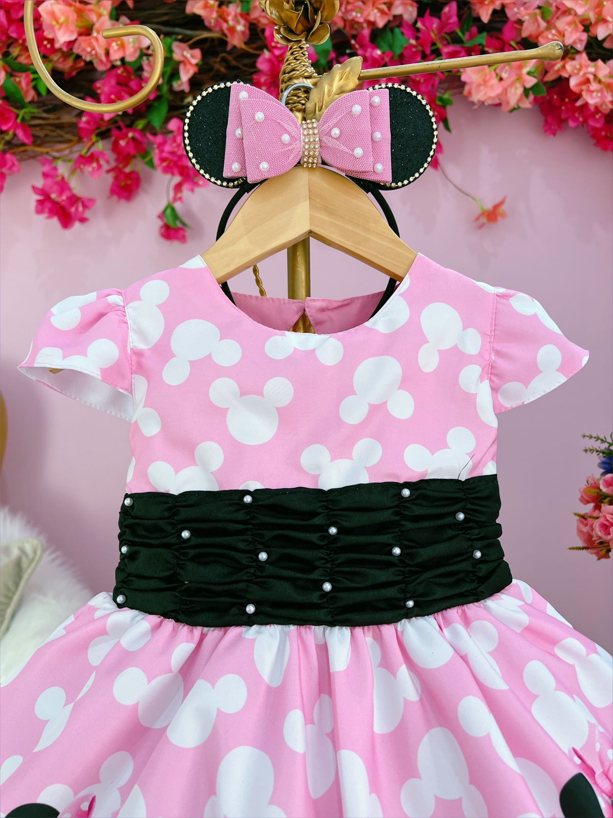 Vestido de fiesta infantil de Minnie Mouse rosa y negro con perlas