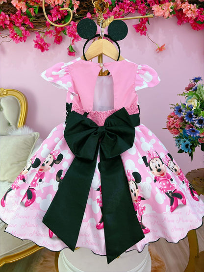 Vestido de fiesta infantil de Minnie Mouse rosa y negro con perlas