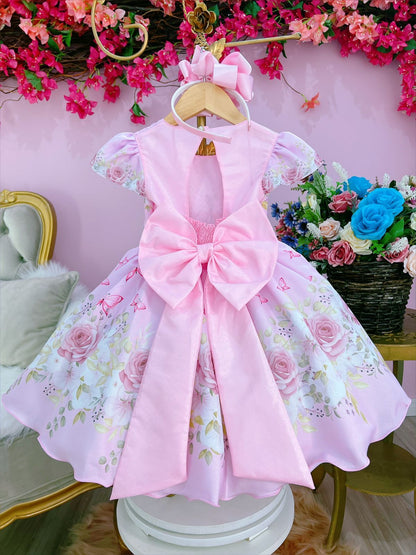 Vestido infantil de mariposas rosas con pedrería y perlas