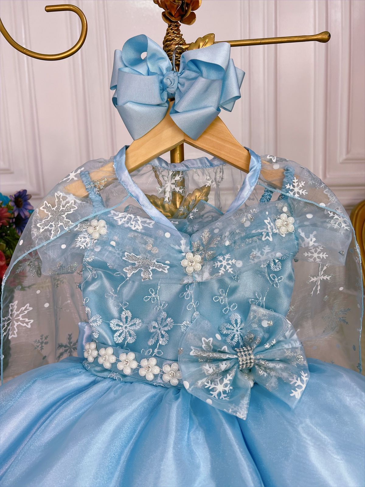 Vestido infantil de Frozen con capa y lazo para fiesta de princesas de lujo