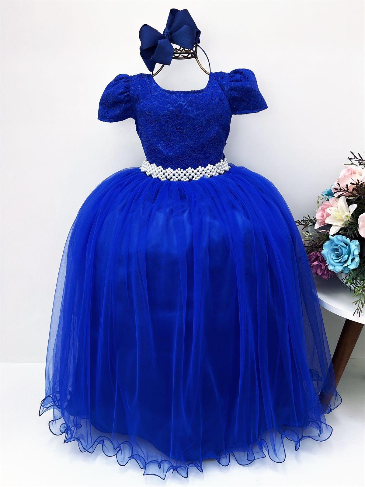 Vestido de fiesta infantil de lujo con encaje azul real y perlas