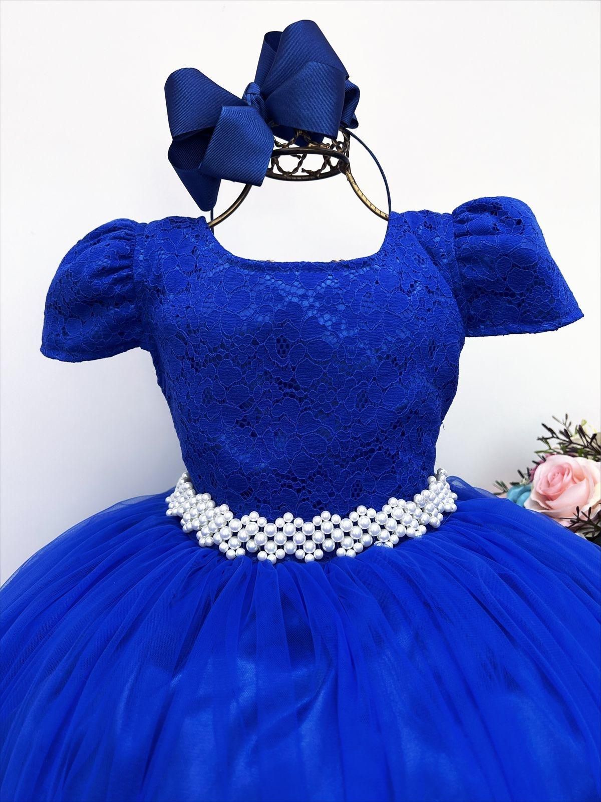 Vestido de fiesta infantil de lujo con encaje azul real y perlas