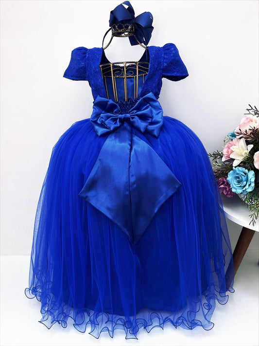 Vestido de fiesta infantil de lujo con encaje azul real y perlas