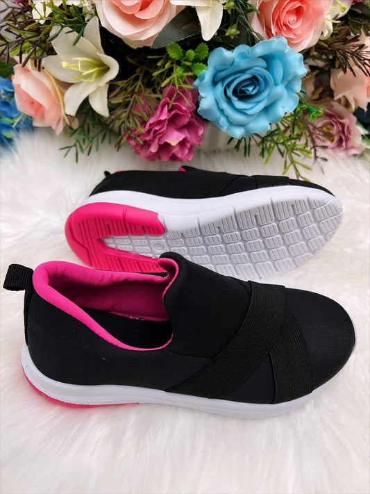 Zapatillas deportivas negras y rosas para niños, fáciles de calzar, cómodas, para niñas 