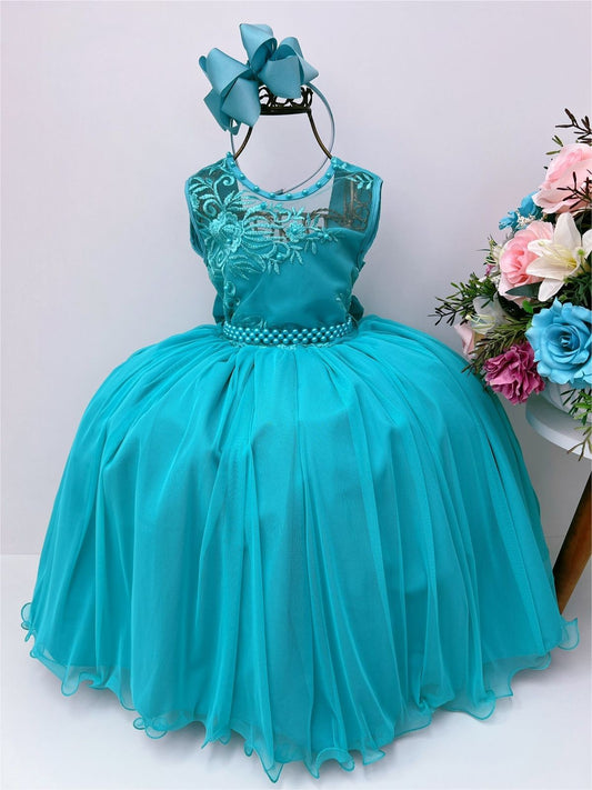 Vestido infantil verde con encaje y cinturón de perlas, de lujo para damas