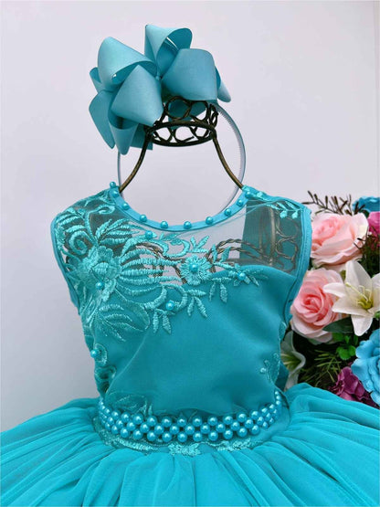 Vestido infantil verde con encaje y cinturón de perlas, de lujo para damas