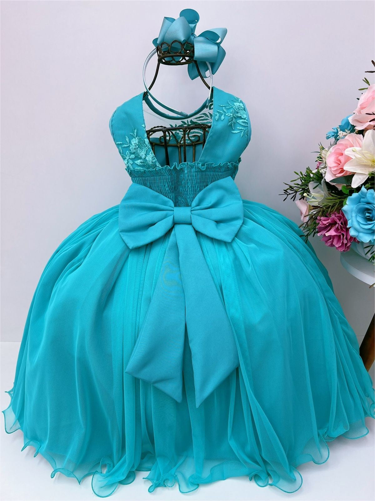 Vestido infantil verde con encaje y cinturón de perlas, de lujo para damas