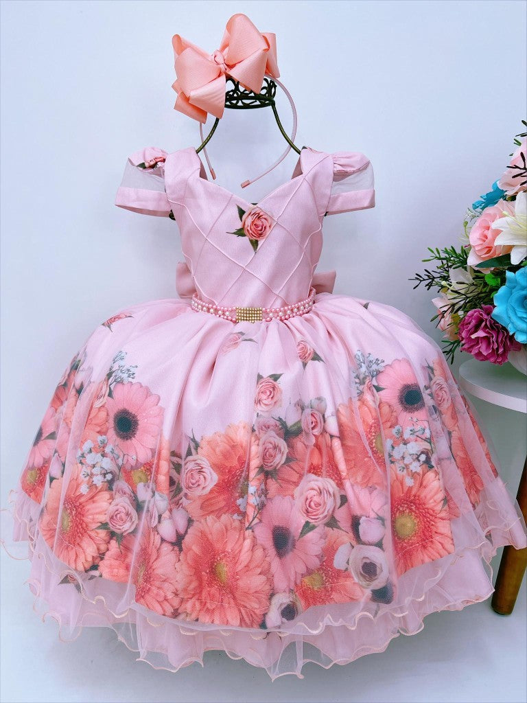 Vestido infantil de lujo con estampado floral color salmón, perlas y cinturón de pedrería