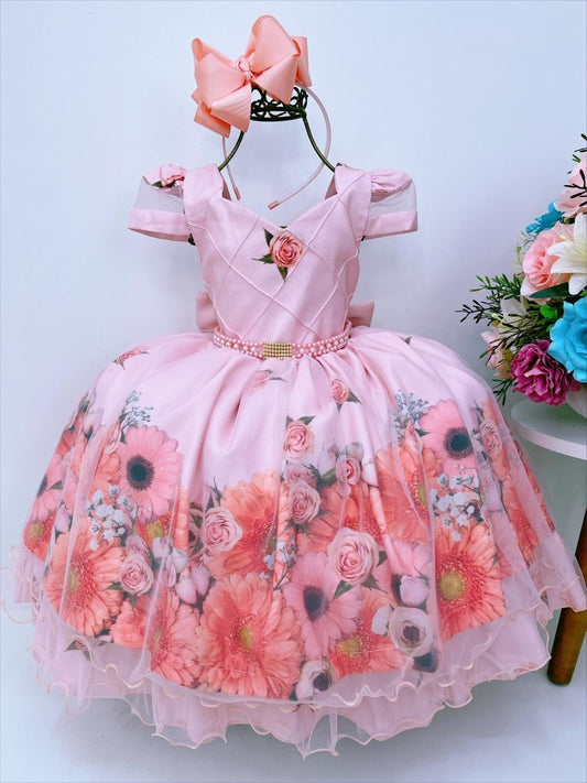 Vestido infantil de lujo con estampado floral color salmón, perlas y cinturón de pedrería