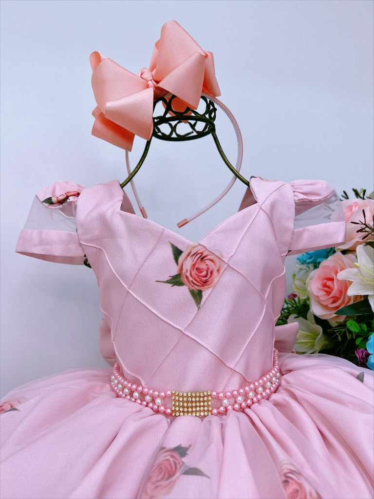 Vestido infantil de lujo con estampado floral color salmón, perlas y cinturón de pedrería