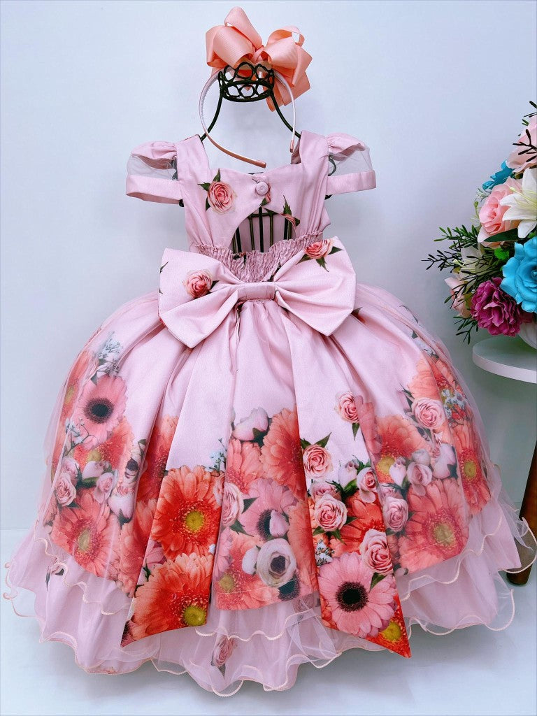 Vestido infantil de lujo con estampado floral color salmón, perlas y cinturón de pedrería