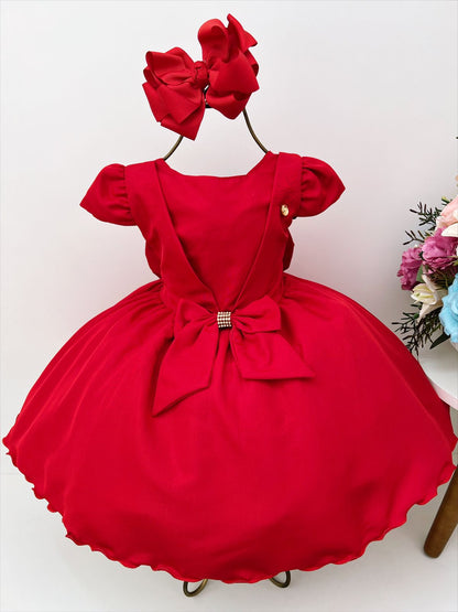 Vestido infantil rojo con lazo de diamantes de imitación de lujo 