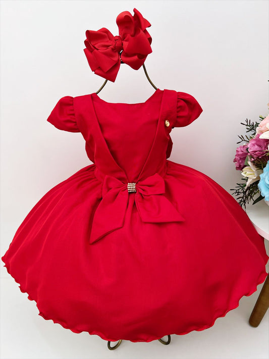 Vestido infantil rojo con lazo de diamantes de imitación de lujo 