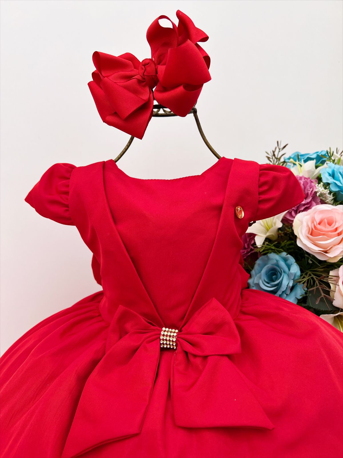 Vestido Infantil Vermelho C/ Laço Strass Luxo