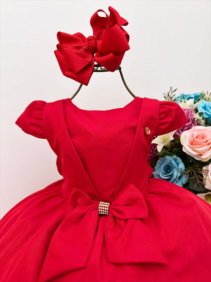 Vestido infantil rojo con lazo de diamantes de imitación de lujo 