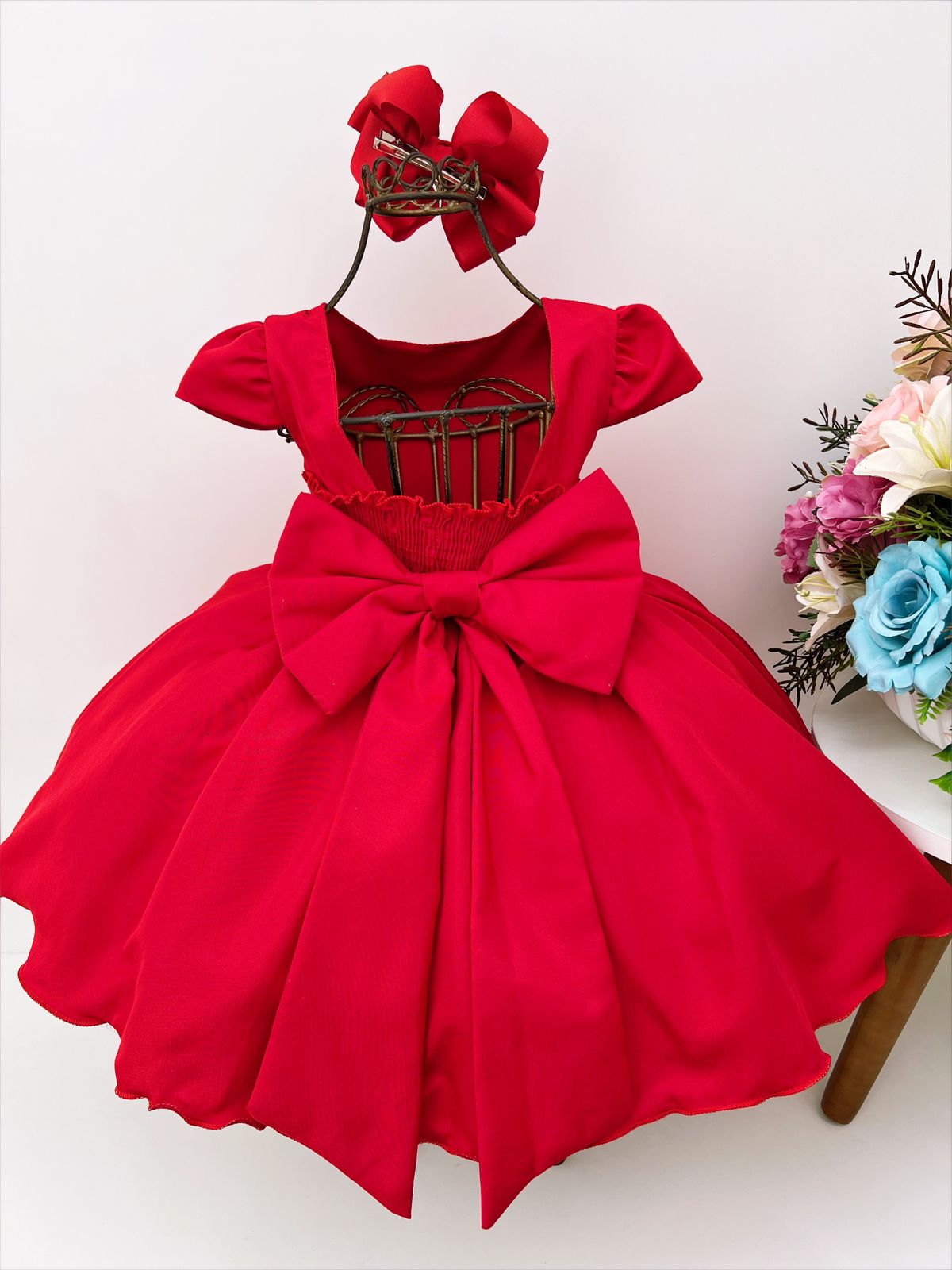Vestido Infantil Vermelho C/ Laço Strass Luxo
