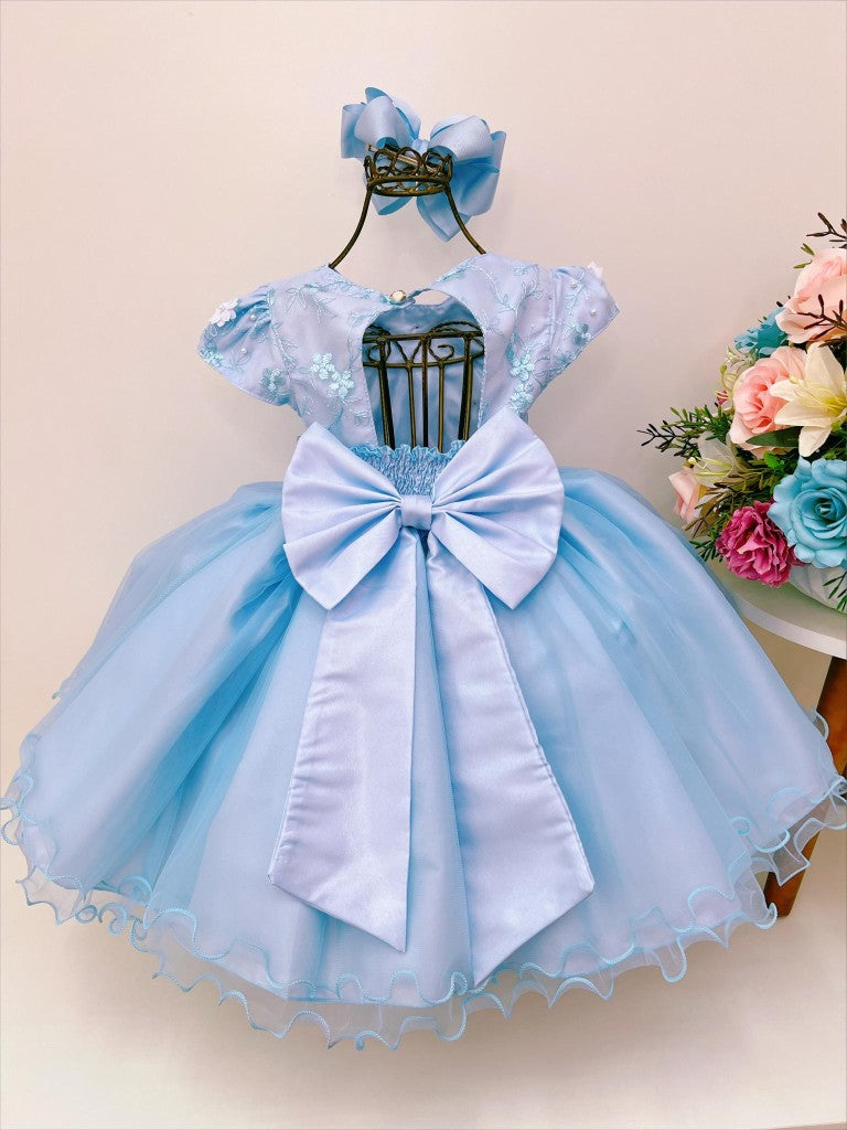 Vestido infantil azul con mariposas y flores en encaje de lujo