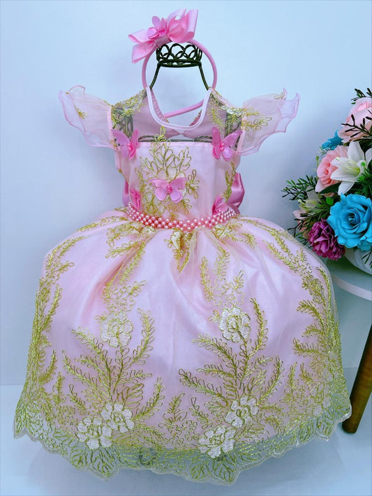 Vestido infantil rosa con encaje y aplique de mariposa de perla