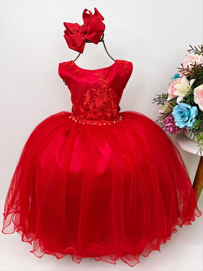 Vestido de dama de honor infantil rojo con cinturón de perlas y diamantes de imitación 