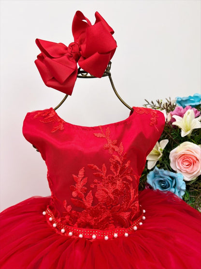 Vestido de dama de honor infantil rojo con cinturón de perlas y diamantes de imitación 