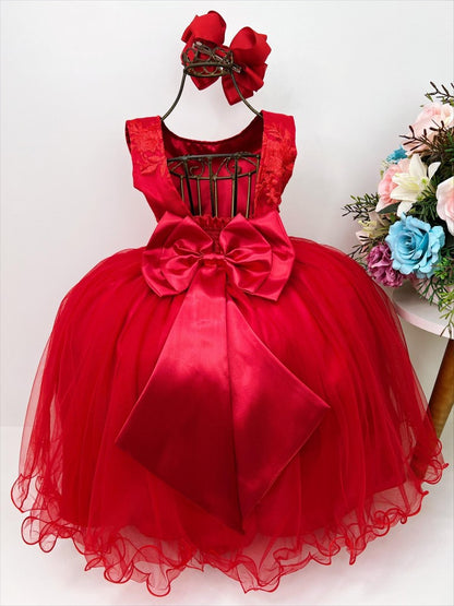 Vestido de dama de honor infantil rojo con cinturón de perlas y diamantes de imitación 