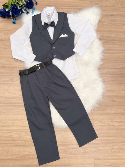 Conjunto formal: chaleco, pantalón gris plomo, camisa blanca
