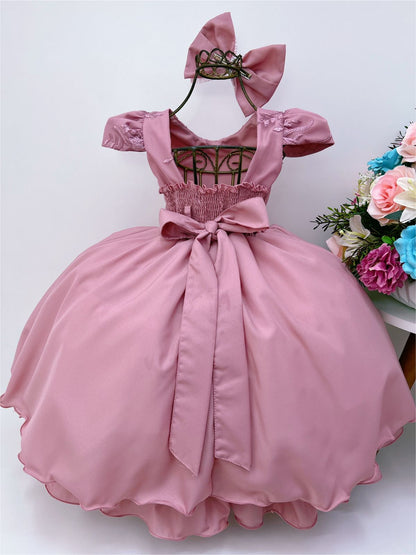 Vestido infantil de encaje rosa con cinturón de perlas y lazo