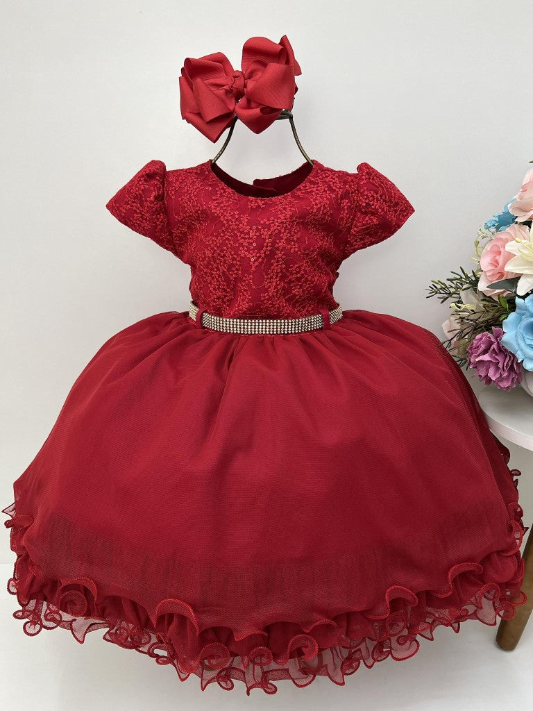 Vestido infantil rojo con encaje de lentejuelas y cinturón de diamantes de imitación