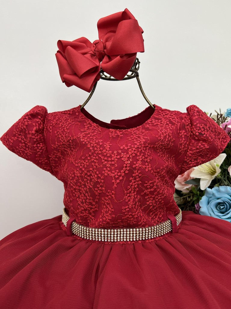 Vestido infantil rojo con encaje de lentejuelas y cinturón de diamantes de imitación
