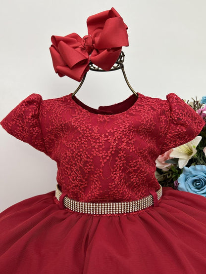 Vestido infantil rojo con encaje de lentejuelas y cinturón de diamantes de imitación