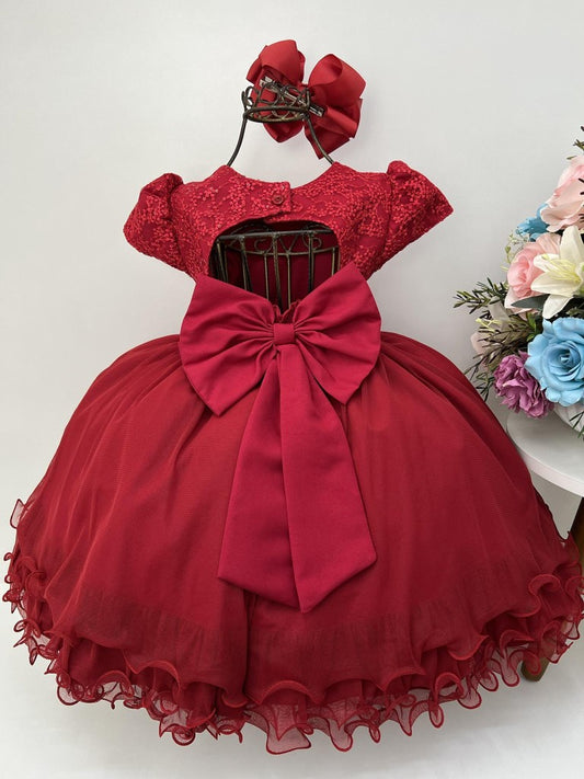 Vestido infantil rojo con encaje de lentejuelas y cinturón de diamantes de imitación