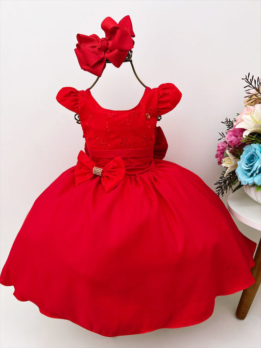 Vestido infantil rojo con encaje y lazo de diamantes de imitación, de lujo. 