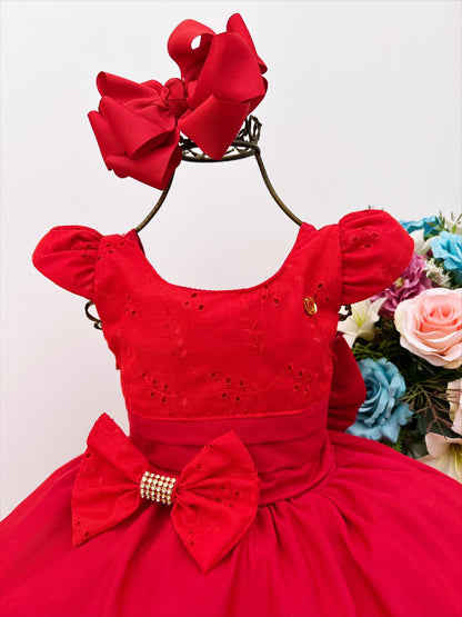 Vestido infantil rojo con encaje y lazo de diamantes de imitación, de lujo. 