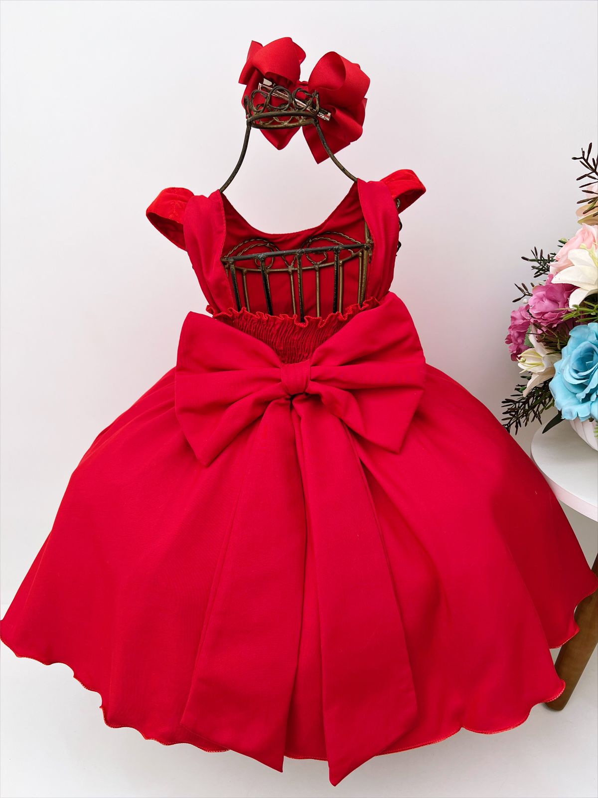 Vestido Infantil Vermelho C/ Renda Laço Strass Luxo