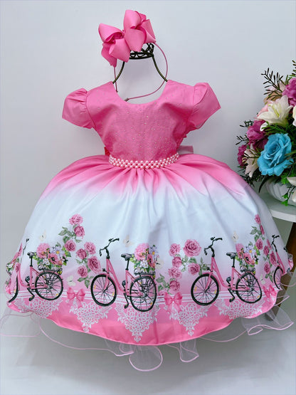 Vestido infantil de primavera con perlas de estrás en color rosa chicle 