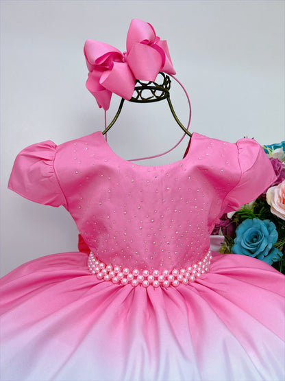 Vestido infantil de primavera con perlas de estrás en color rosa chicle 