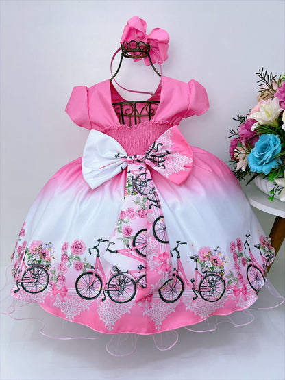 Vestido infantil de primavera con perlas de estrás en color rosa chicle 