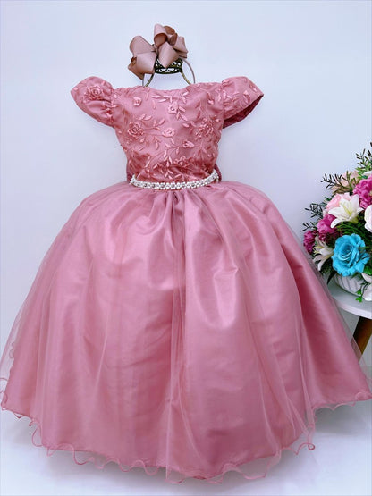 Vestido de dama de honor infantil de encaje rosa para bodas color perla 