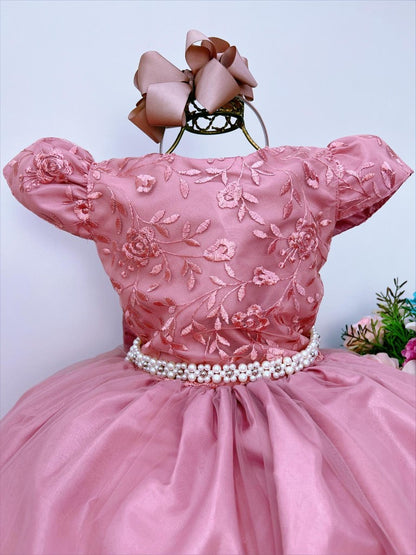 Vestido de dama de honor infantil de encaje rosa para bodas color perla 