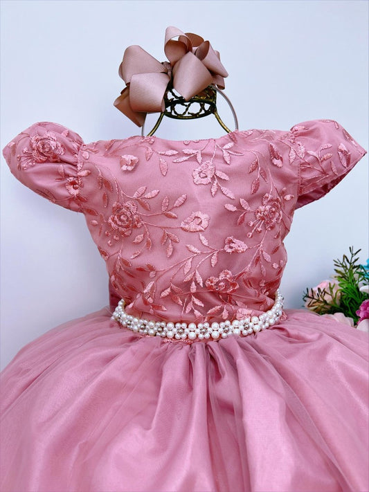 Vestido de dama de honor infantil de encaje rosa para bodas color perla 