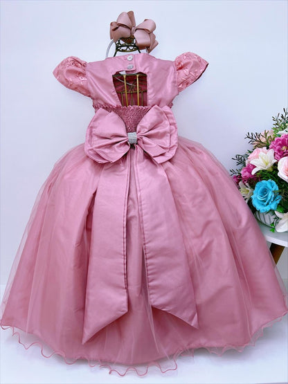 Vestido de dama de honor infantil de encaje rosa para bodas color perla 