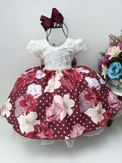 Vestido infantil con escote bajo y falda acanalada con estampado floral Marsala