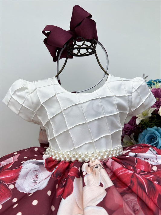 Vestido infantil con escote bajo y falda acanalada con estampado floral Marsala