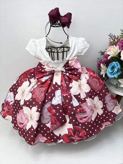 Vestido infantil con escote bajo y falda acanalada con estampado floral Marsala