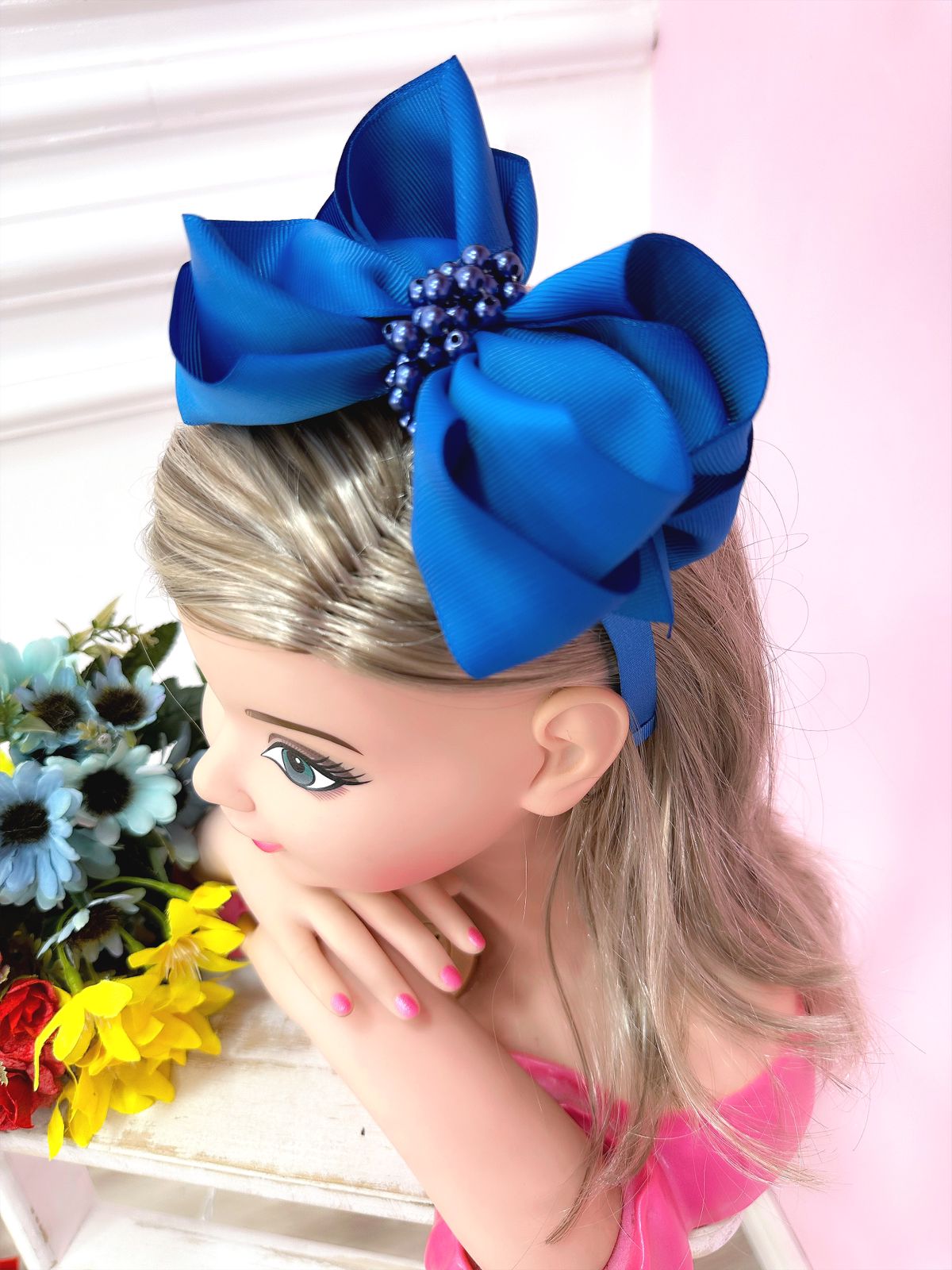 Tiara infantil con nudo Maxx azul real y perlas de lujo