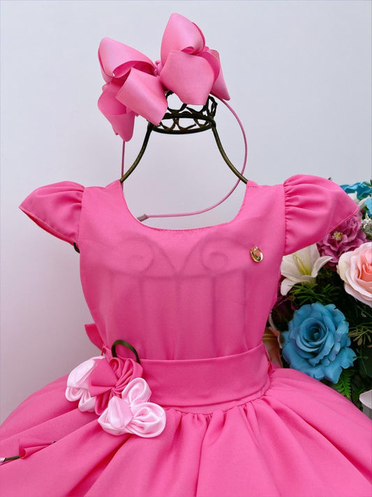 Vestido infantil rosa chicle con broche de flores de lujo 