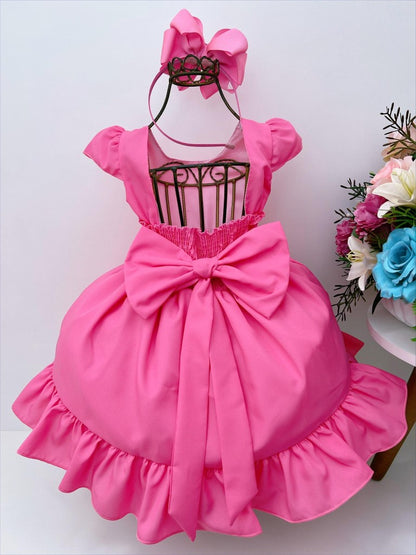 Vestido infantil rosa chicle con broche de flores de lujo 