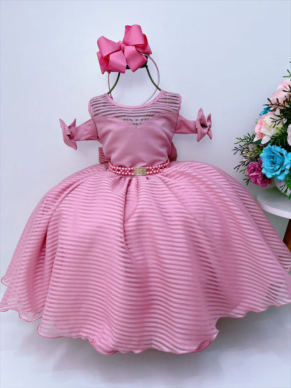 Vestido rosa infantil con cinturón de perlas y diamantes de imitación de lujo 