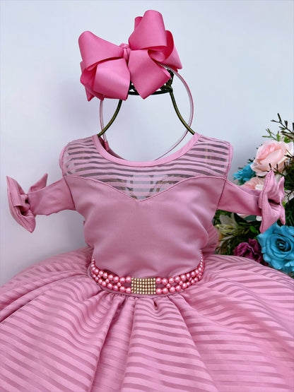 Vestido rosa infantil con cinturón de perlas y diamantes de imitación de lujo 